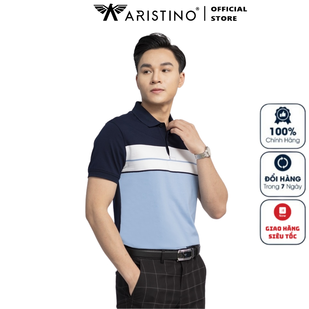 Áo thun polo ngắn tay có cổ bẻ ARISTINO APS124S3 phông mam màu xanh tím than Kẻ dáng suông vừa vải cotton cao cấp