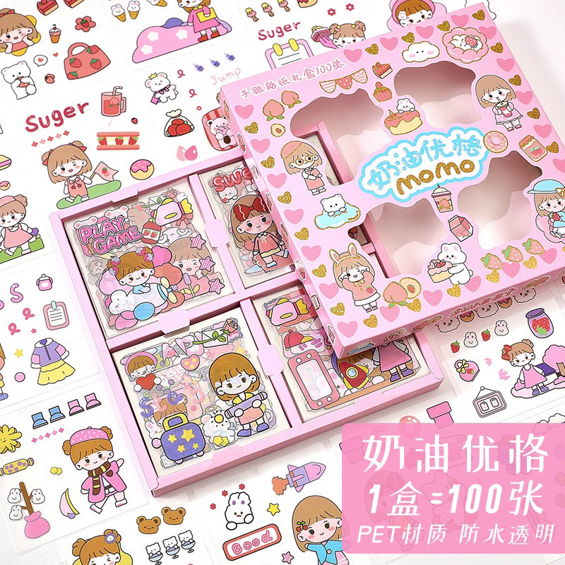 PVN45108 set hộp 100 tấm sticker 1000 hình dán chống nước nhiều phong cách cute dễ thương