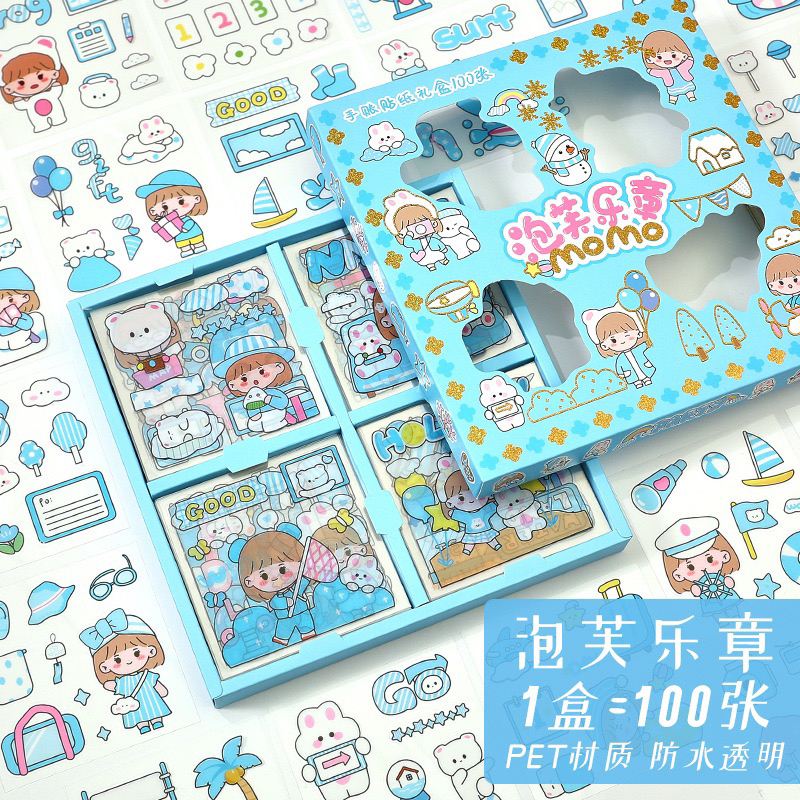 PVN45108 set hộp 100 tấm sticker 1000 hình dán chống nước nhiều phong cách cute dễ thương