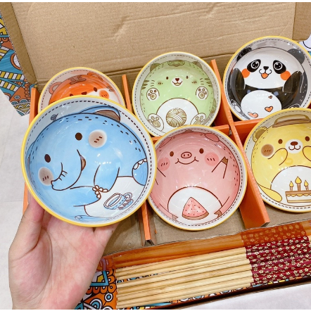Set Bát Kèm Đũa Sang Trọng Hình Thú Kèm Hộp, Set Chén Thú Đủ Màu