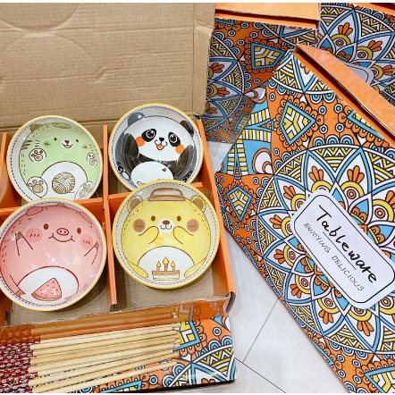 Set Bát Kèm Đũa Sang Trọng Hình Thú Kèm Hộp, Set Chén Thú Đủ Màu