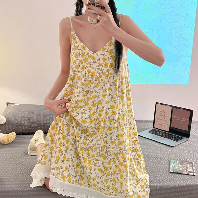 Váy lanh lụa cotton hai dây mặc ngủ siêu mềm mát, bầu bì thoải mái