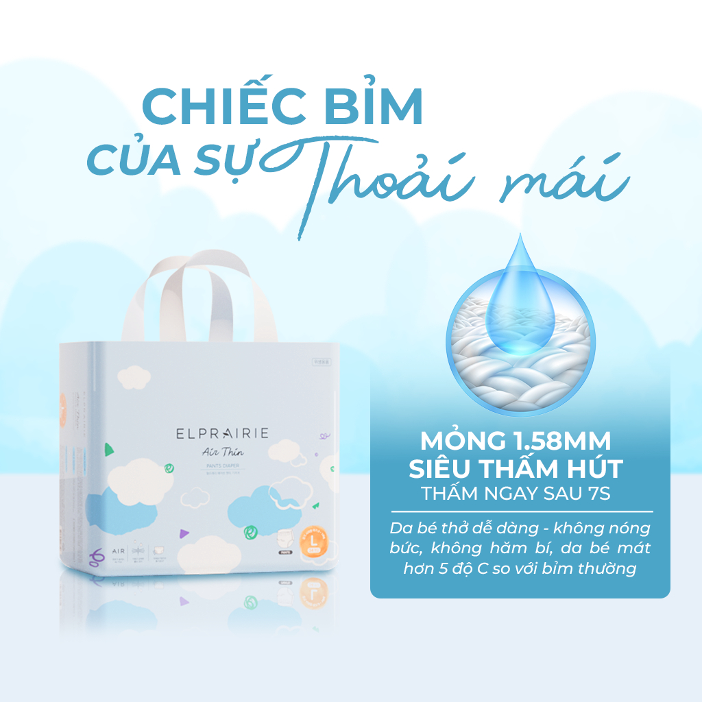 Túi Dùng Thử 6 Miếng Tã/Bỉm Quần ELPRAIRIE  Air Thin Size L/XL Cho Bé 10-14kg, Êm Ái Nhẹ Tênh, Đai Chun Co Giãn Mềm Mại