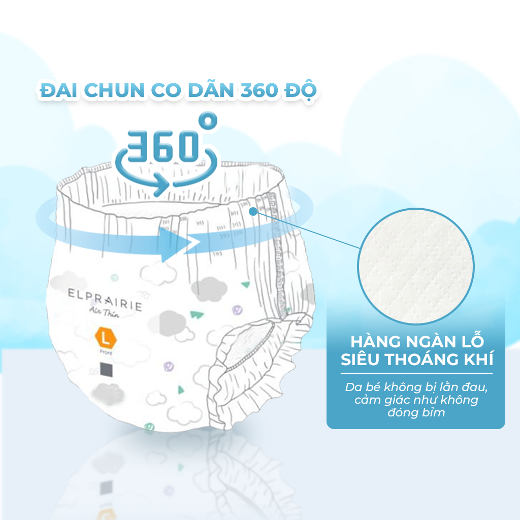 Túi Dùng Thử 6 Miếng Tã/Bỉm Quần ELPRAIRIE  Air Thin Size L/XL Cho Bé 10-14kg, Êm Ái Nhẹ Tênh, Đai Chun Co Giãn Mềm Mại