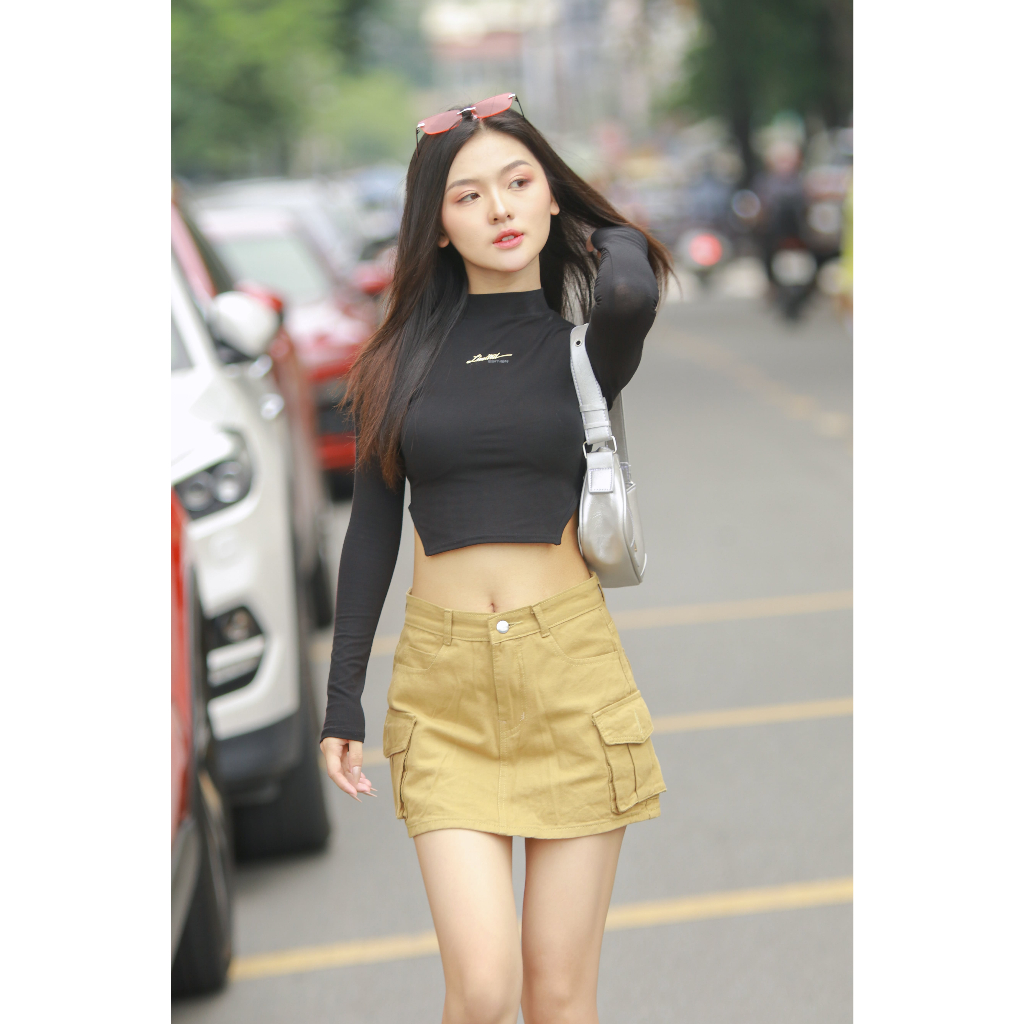 Áo Croptop Dài Tay Cổ Cao Có Vạt Chéo JOLY.2023 JL07