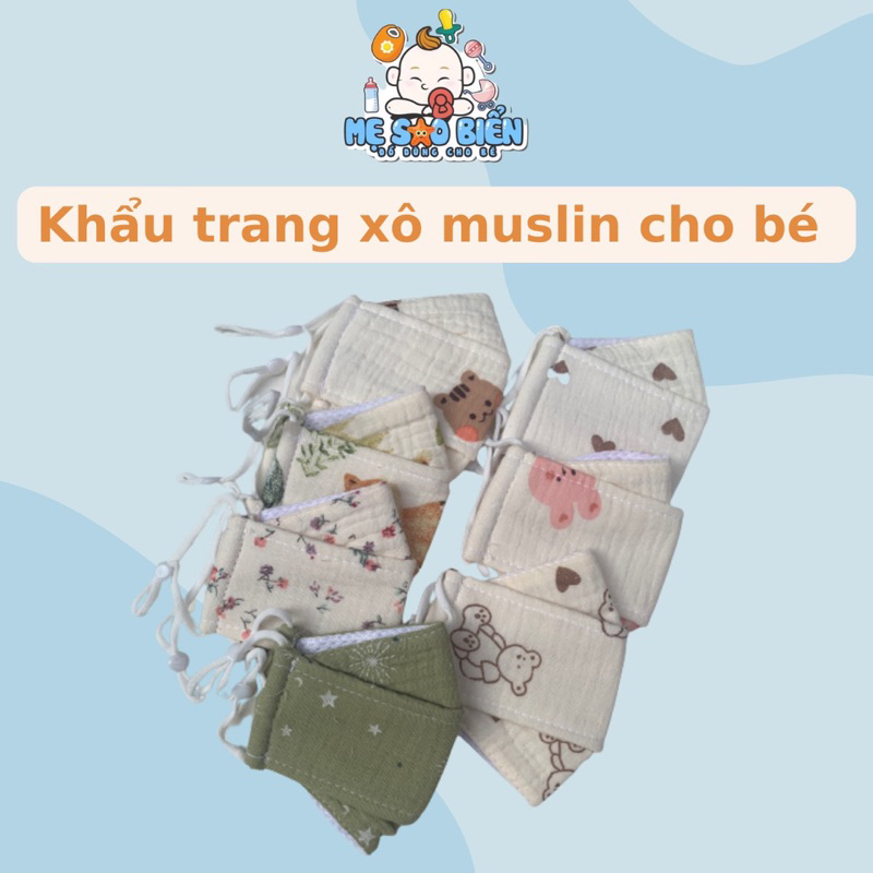 Khẩu trang xô muslin 3 lớp cho bé 1-4 tuổi có dây điều chỉnh