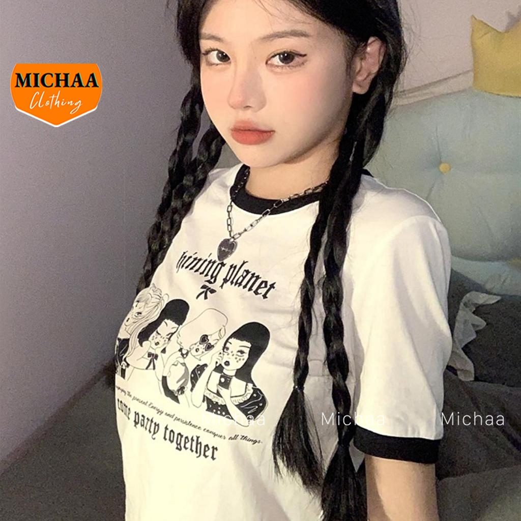 Áo Croptop CÔ GÁI PHỐI VIỀN Tay Ngắn Ôm Body, Áo Thun Croptop In Họa Tiết Hoạt Hình Chất Borip - MICHAA
