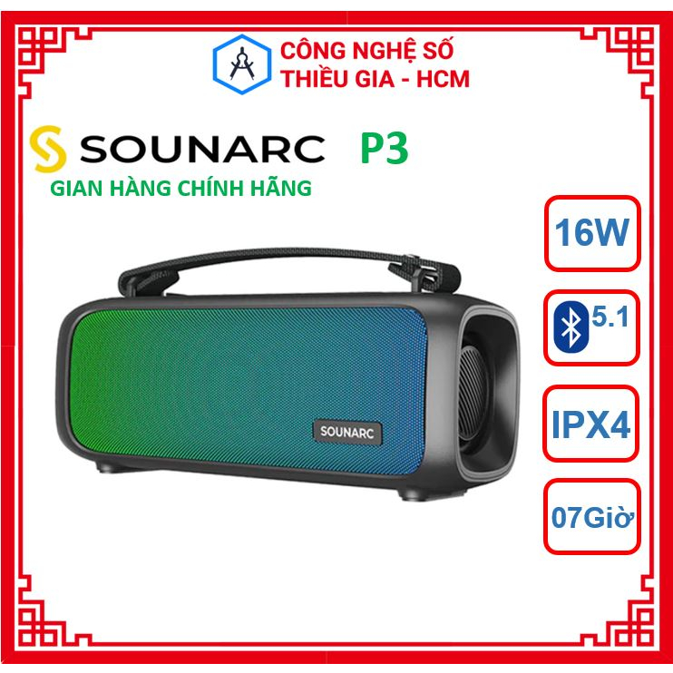 Loa Bluetooth 5.1 Sounarc P3, Công Suất 16W, Chống nước IPX4 Có Đèn Led Theo Nhạc, có quai xách