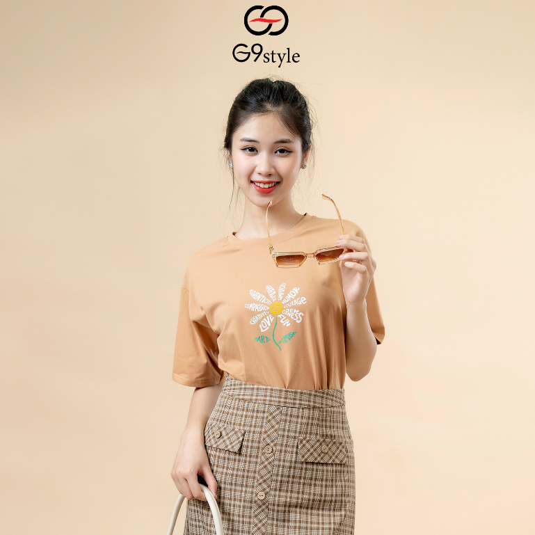 Áo thun cotton nữ in hình hoa cúc G9 STYLE, áo cotton thoáng mát in chữ cách điệu thời trang, trẻ trung