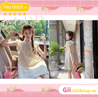 [ORDER, Ảnh thật] Váy ngắn công chúa baby doll màu be Hàn Quốc tay bay cánh tiên thắt nơ lưng đáng yêu hoa nổi Hè 2023