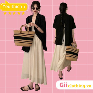 [ORDER, Ảnh thật] Váy hai dây hai lớp màu be dáng dài kết hợp áo khoác blazer cộc tay xẻ lưng màu đen Hàn Quốc 2023