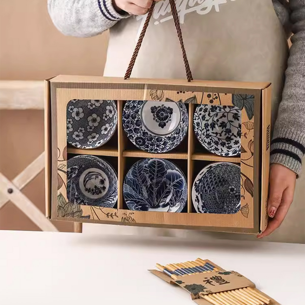 Bộ 6 Chén Bát Tặng Kèm 6 Đôi Đũa Hoa Văn Cổ Điển Sang Trọng Hộp Quà Tặng