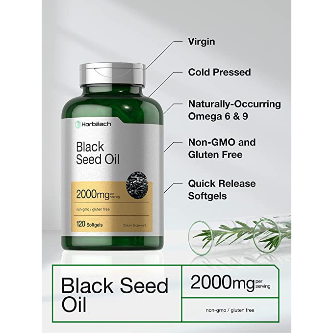 Viên uống dầu hạt thì là đen Horbaach Black Seed Oil 2000mg hỗ trợ miễn dịch, chống oxy hóa và giảm viêm 120 viên