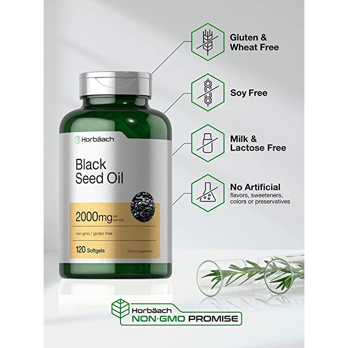 Viên uống dầu hạt thì là đen Horbaach Black Seed Oil 2000mg hỗ trợ miễn dịch, chống oxy hóa và giảm viêm 120 viên