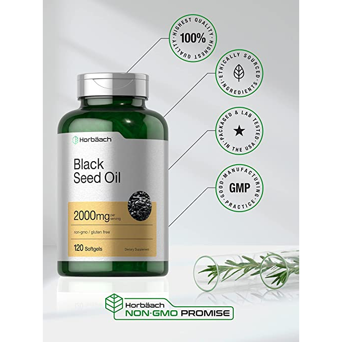Viên uống dầu hạt thì là đen Horbaach Black Seed Oil 2000mg hỗ trợ miễn dịch, chống oxy hóa và giảm viêm 120 viên