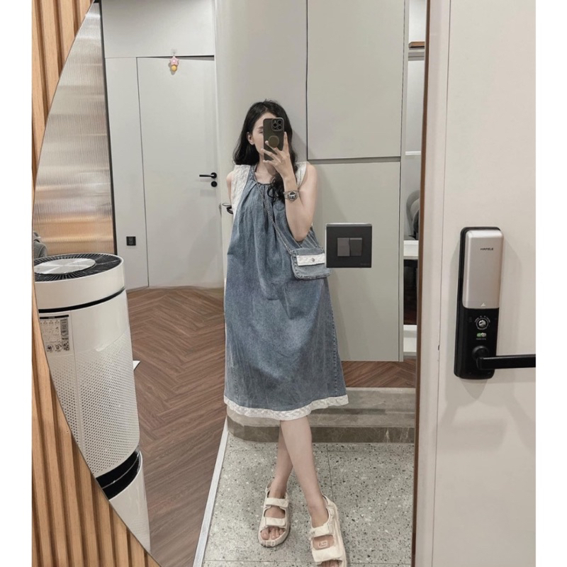 Váy Jeans Nữ Dài Dáng Suông Pha Ren Free Size Dưới 80kg