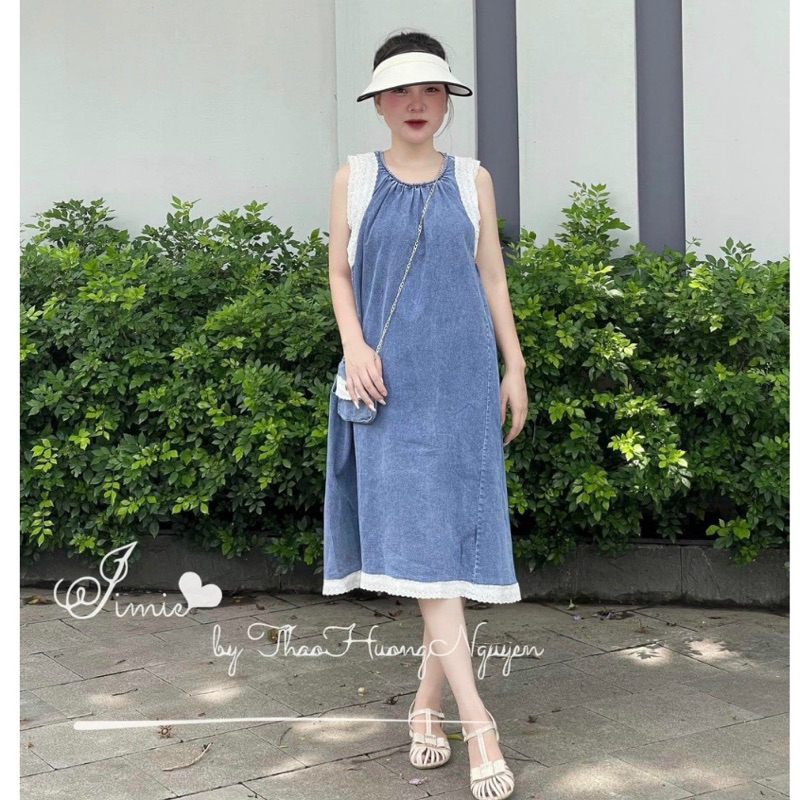 Váy Jeans Nữ Dài Dáng Suông Pha Ren Free Size Dưới 80kg