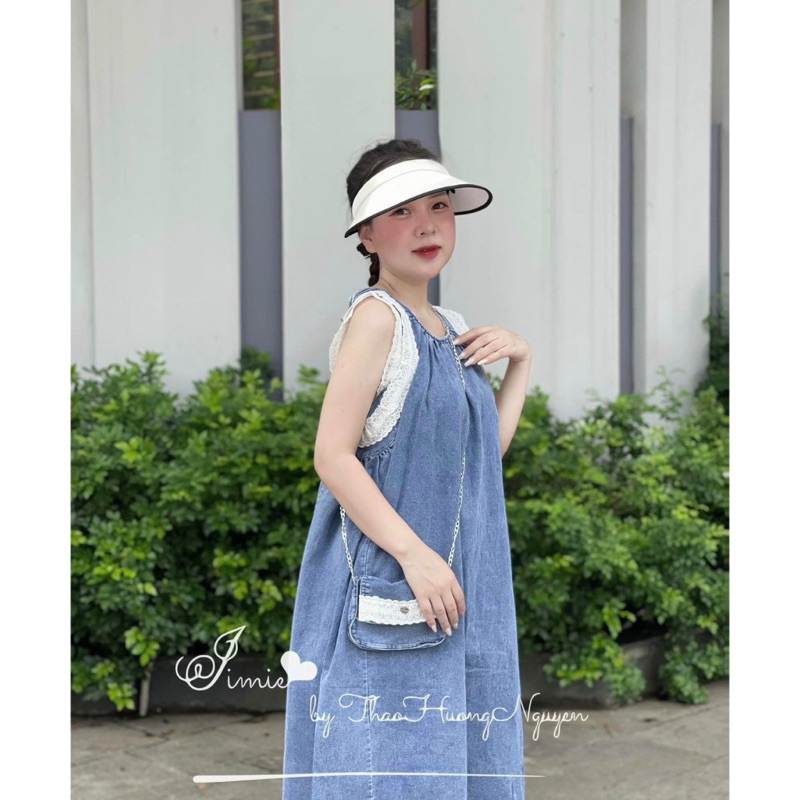 Váy Jeans Nữ Dài Dáng Suông Pha Ren Free Size Dưới 80kg