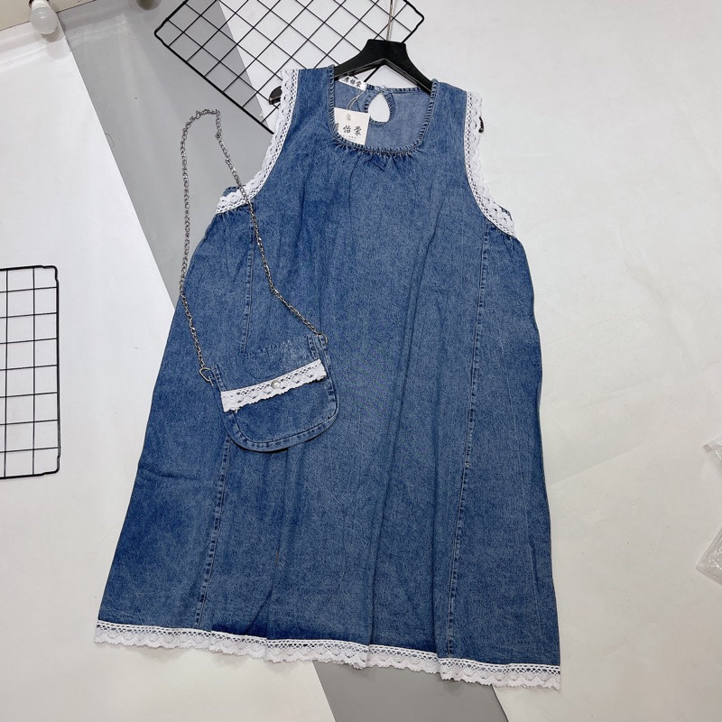 Váy Jeans Nữ Dài Dáng Suông Pha Ren Free Size Dưới 80kg