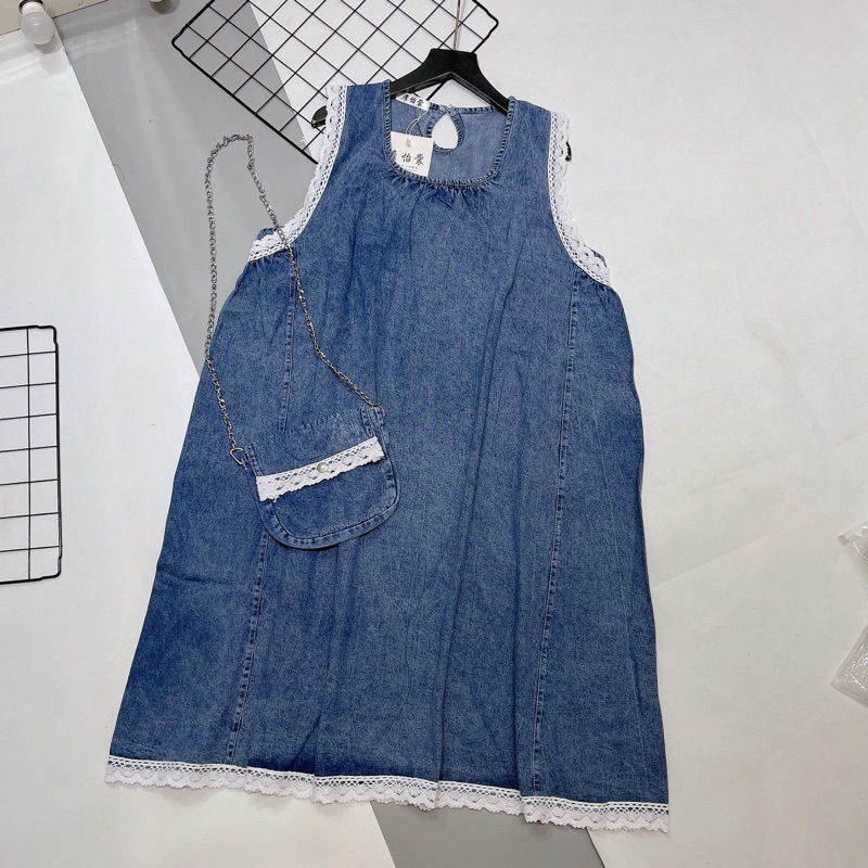 Váy Jeans Nữ Dài Dáng Suông Pha Ren Free Size Dưới 80kg