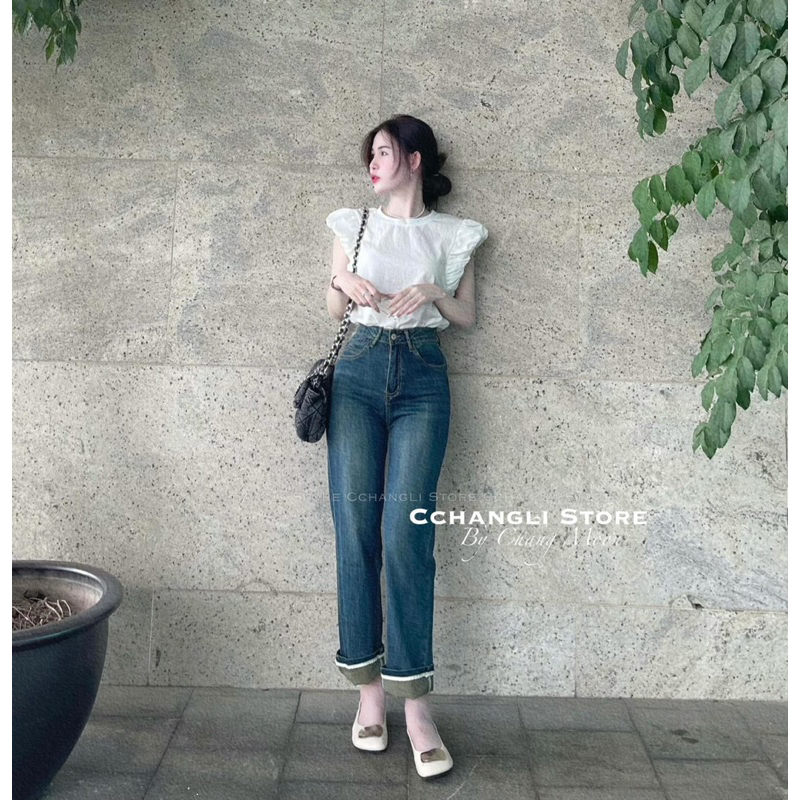 Quần jeans ống đứng gấp gấu phối viền hàng chuẩn QC loại 1 ảnh thật - sẵn