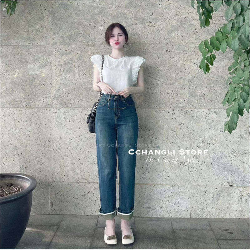 Quần jeans ống đứng gấp gấu phối viền hàng chuẩn QC loại 1 ảnh thật - sẵn