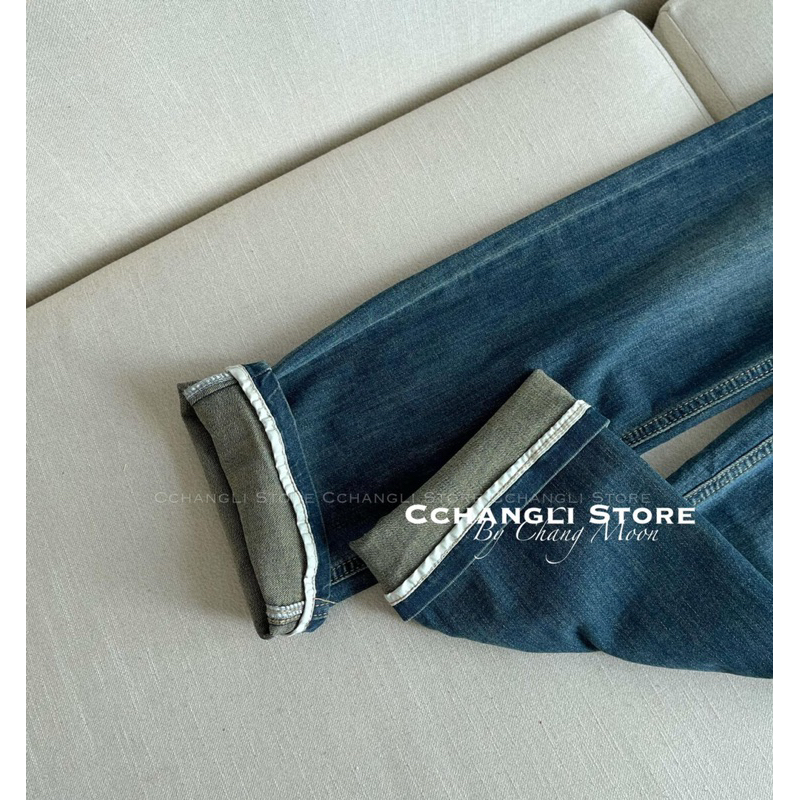 Quần jeans ống đứng gấp gấu phối viền hàng chuẩn QC loại 1 ảnh thật - sẵn