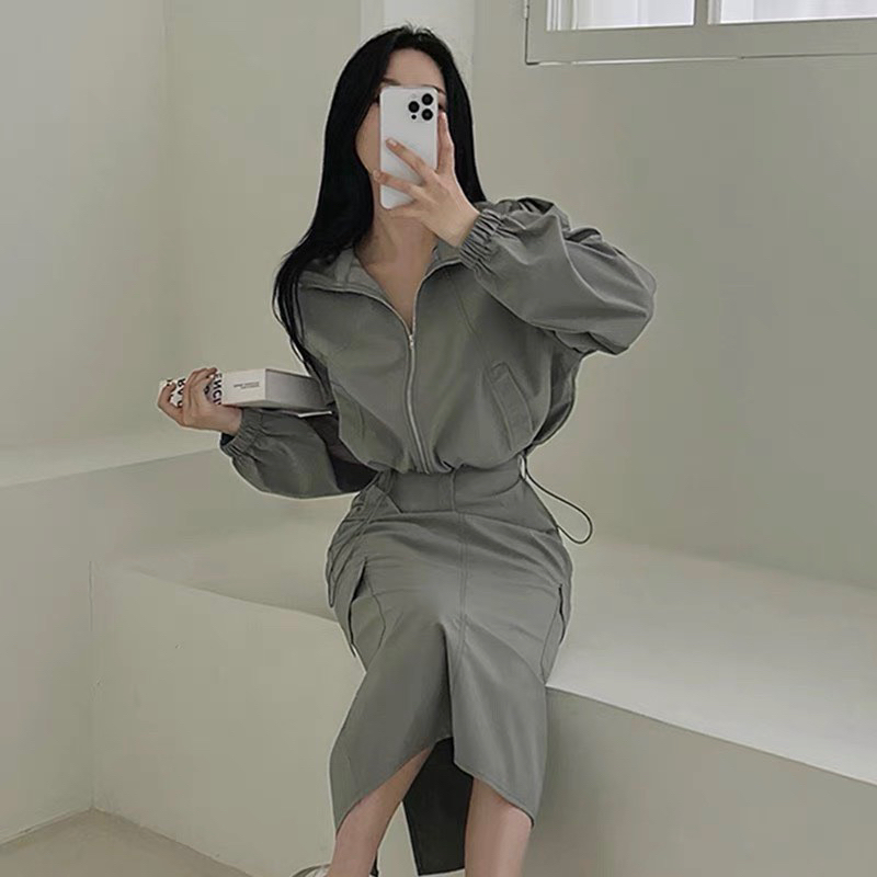 Áo khoác Gió Dù dáng Croptop tay dài phối rút dây eo- Hàng sẵn