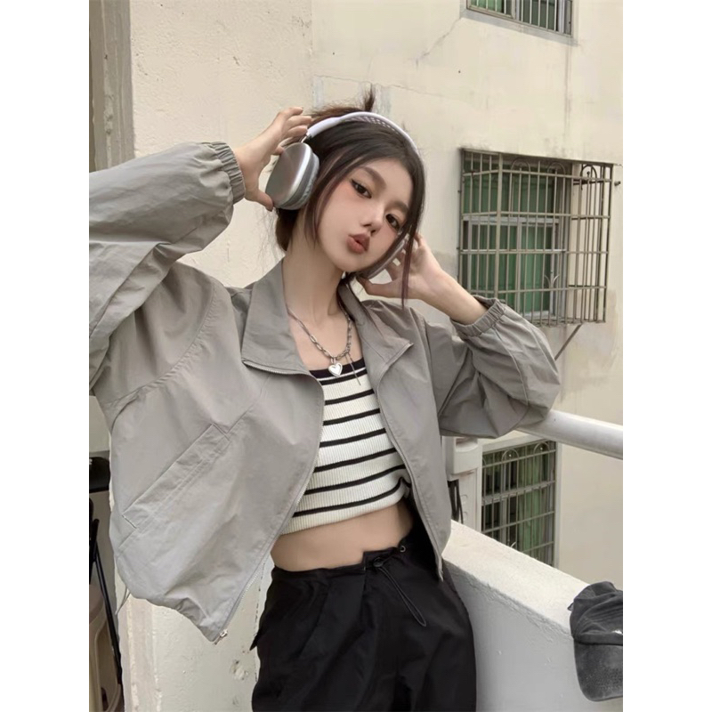 Áo khoác Gió Dù dáng Croptop tay dài phối rút dây eo- Hàng sẵn