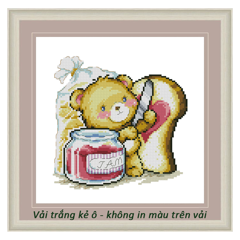 Tranh thêu chữ thập vải trắng không in Bộ Gấu 24 x 23 cm