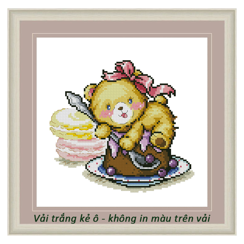 Tranh thêu chữ thập vải trắng không in Bộ Gấu 24 x 23 cm