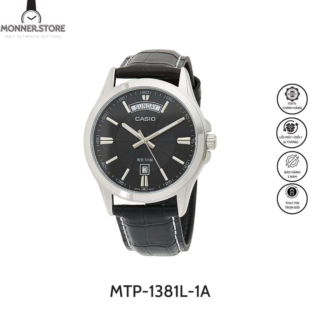 Đồng Hồ Quartz Nam Casio MONNERSTORE MTP-1381L-1AVDF Thiết Kế Mặt Kính Khoáng 40mm, Dây Da Đen Và Vỏ