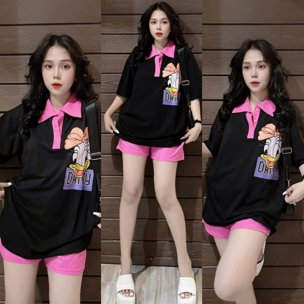 Đồ bộ nữ, set đồ bộ ngố quần đùi có túi và áo ngắn tay cổ sơ mi form rộng thêu hình vịt vải thun cotton, bộ đồ ngố