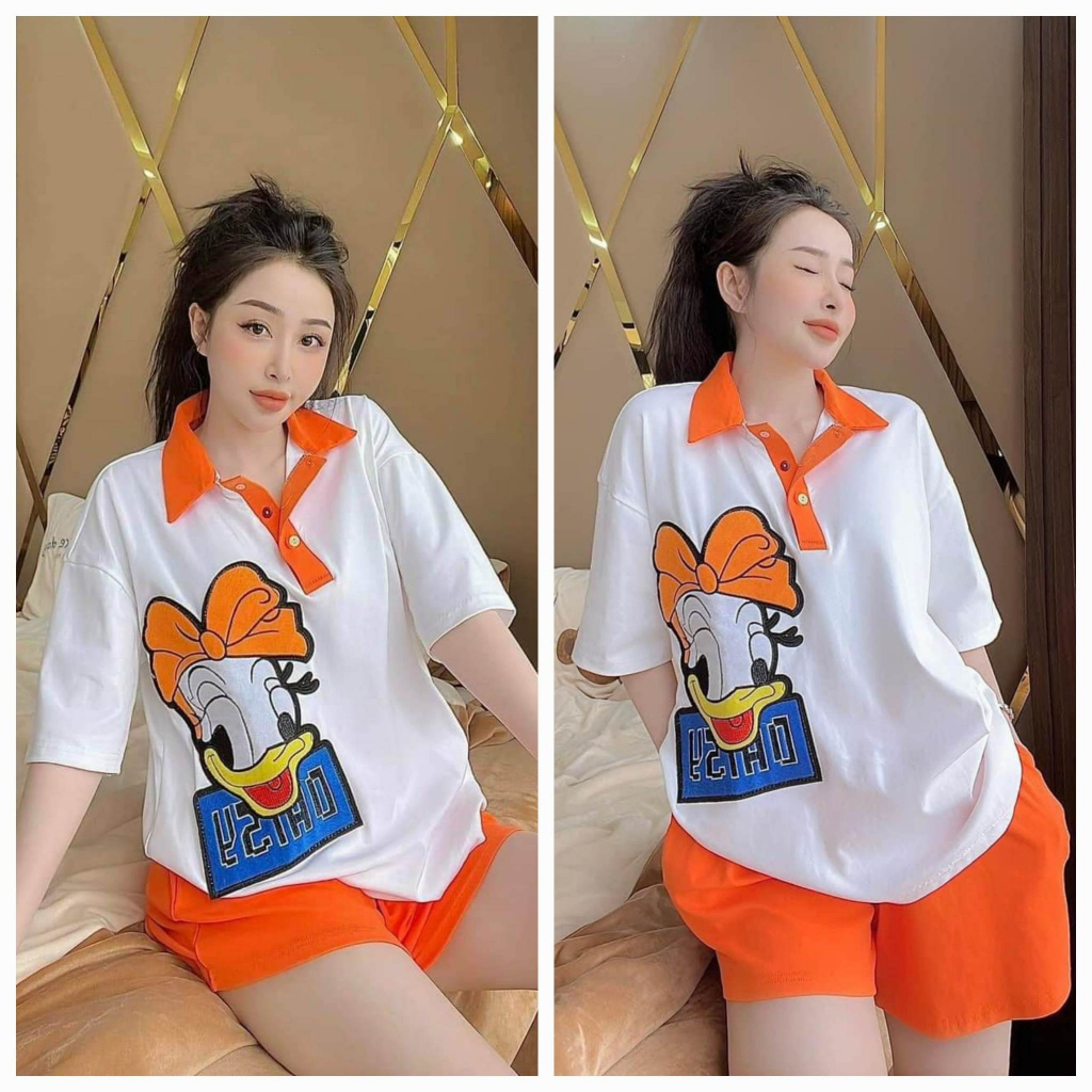 Đồ bộ nữ, set đồ bộ quần đùi có túi và áo ngắn tay cổ sơ mi form rộng thêu vịt vải thun cotton dày, bộ đồ ngố mặc nhà