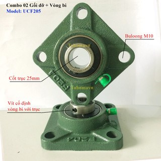 Combo 02 gối đỡ vòng bi trục 25mm, gối đỡ trục phi 25 dùng cho động cơ, mô tơ điện, gối đỡ vuông ucf205