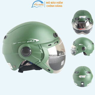 Mũ Bảo Hiểm Nửa Đầu Có Kính Cao Cấp GRS A102K Xanh Lính Nhám - Vòng đầu 54-57cm - Hàng Chính Hãng - Bảo Hành 12 Tháng