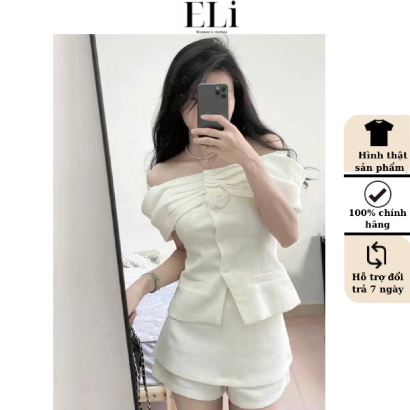 Set Áo Trễ Vai Chân Váy, Chất Dạ Hàng QCCC Kèm Tag Hoa Tiểu Thư