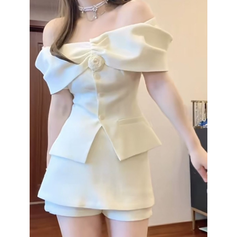 Set Áo Trễ Vai Chân Váy, Chất Dạ Hàng QCCC Kèm Tag Hoa Tiểu Thư