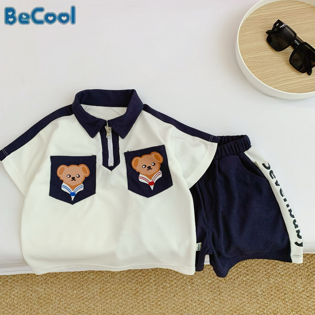 Đồ Bộ Cộc Tay Cổ Bẻ Túi Gấu BECOOL Cho Bé Trai Chất Thun Tổ Ong Cho Bé Từ 10-26kg