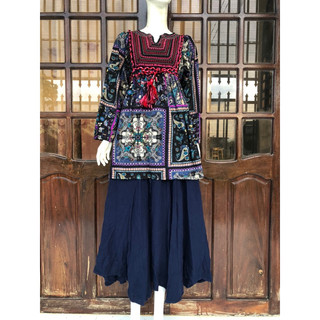 Đầm xoè A, áo form dài giấu quần chất thun thổ cẩm
