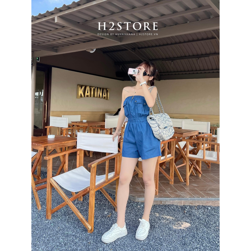 JUMPSUIT JEAN ỐNG CHUN NGỰC TÚI HỘP SHORT ĐÙI BO EO CHUN (TH)