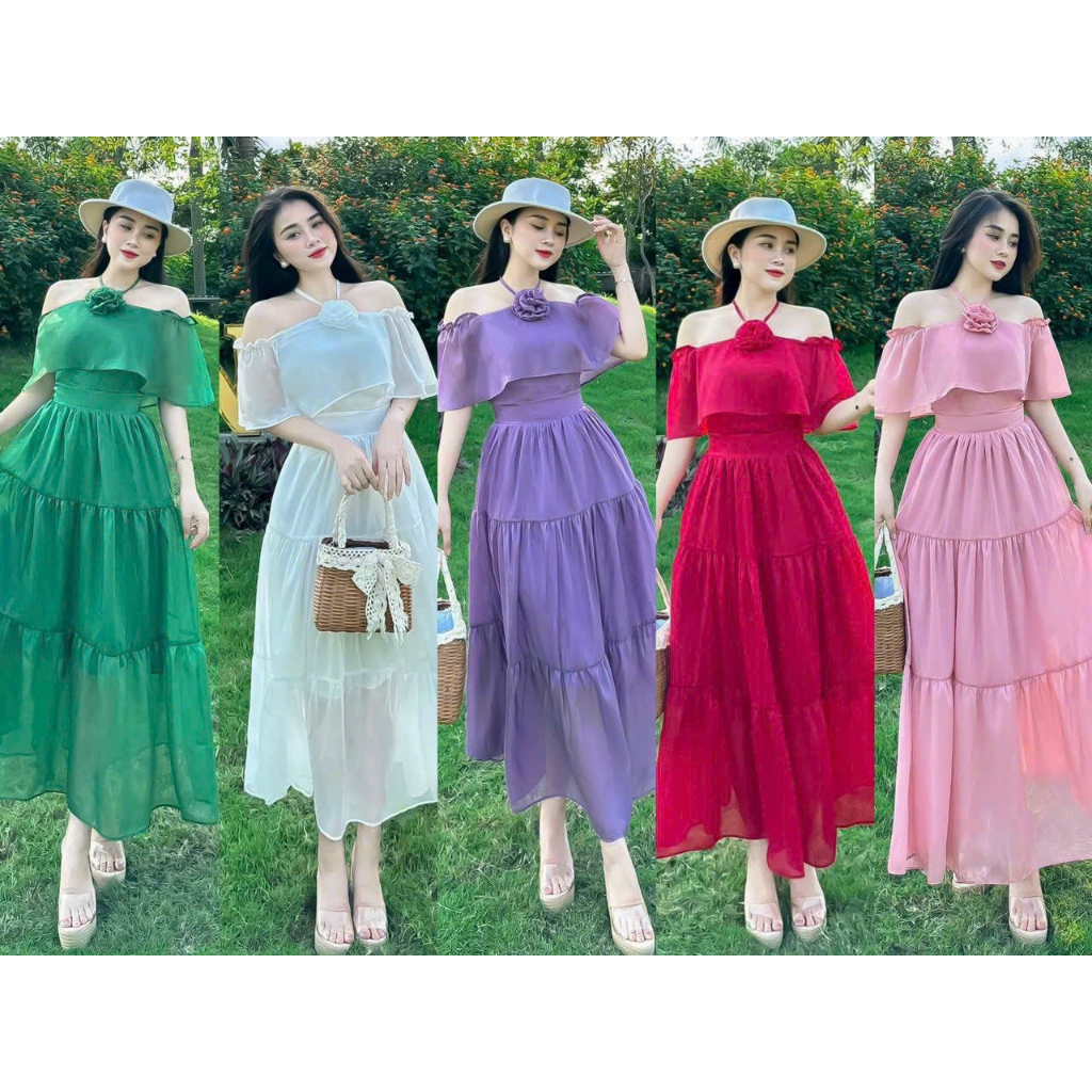 Đầm váy nữ maxi trễ vai đính hoa nhẹ nhàng, xinh xắn dành cho các nàng diện đi chơi, đi biển chất voan QC