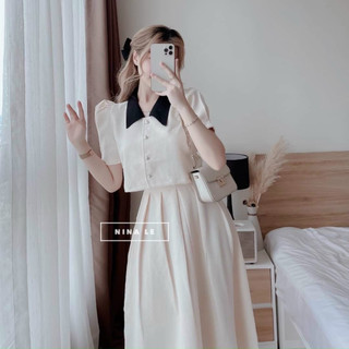🍀🍀🍀Set áo cổ sơ mi kèm chân váy xòe dài xếp ly màu trắng tinh khôi trong trẻo