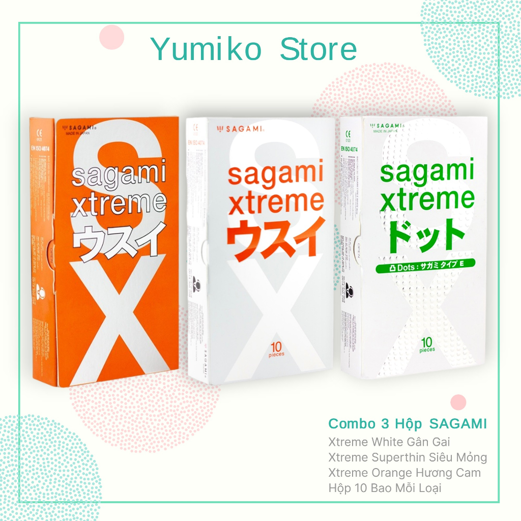 Combo 3 hộp bao cao su SAGAMI Xtreme White gân gai, BCS Siêu Mỏng Super thin, BCS Hương Cam Love Me Orange