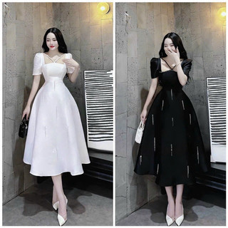 Đầm xoè 2 cổ vuông đính dây đá tua rua dễ thương - Free size dưới 54kg