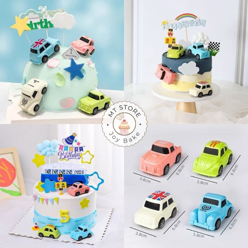 Bộ gồm 4 xe ô tô sắc màu trang trí bánh kem