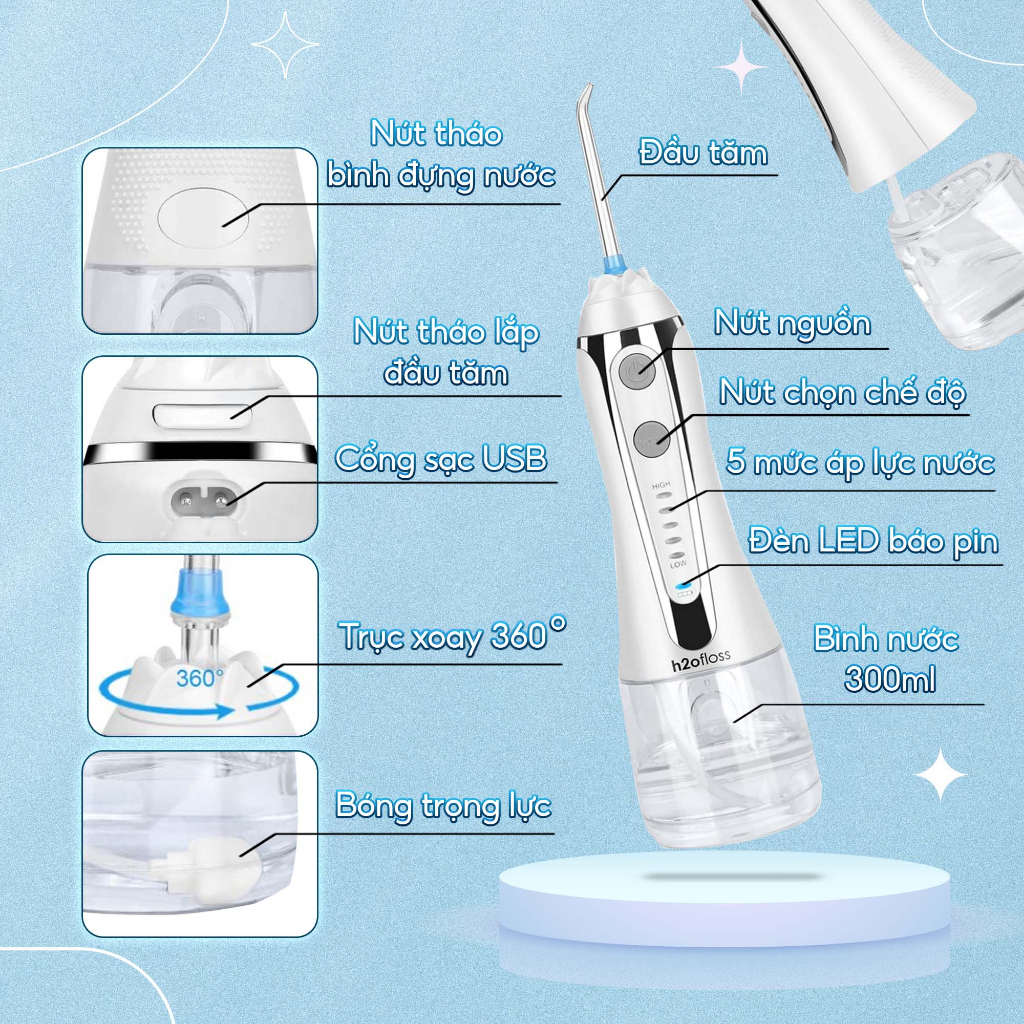 Tăm nước cầm tay h2ofloss HF-2.Dụng cụ vệ sinh răng miệng hoàn hảo, tặng kèm củ sạc và 7 đầu tăm