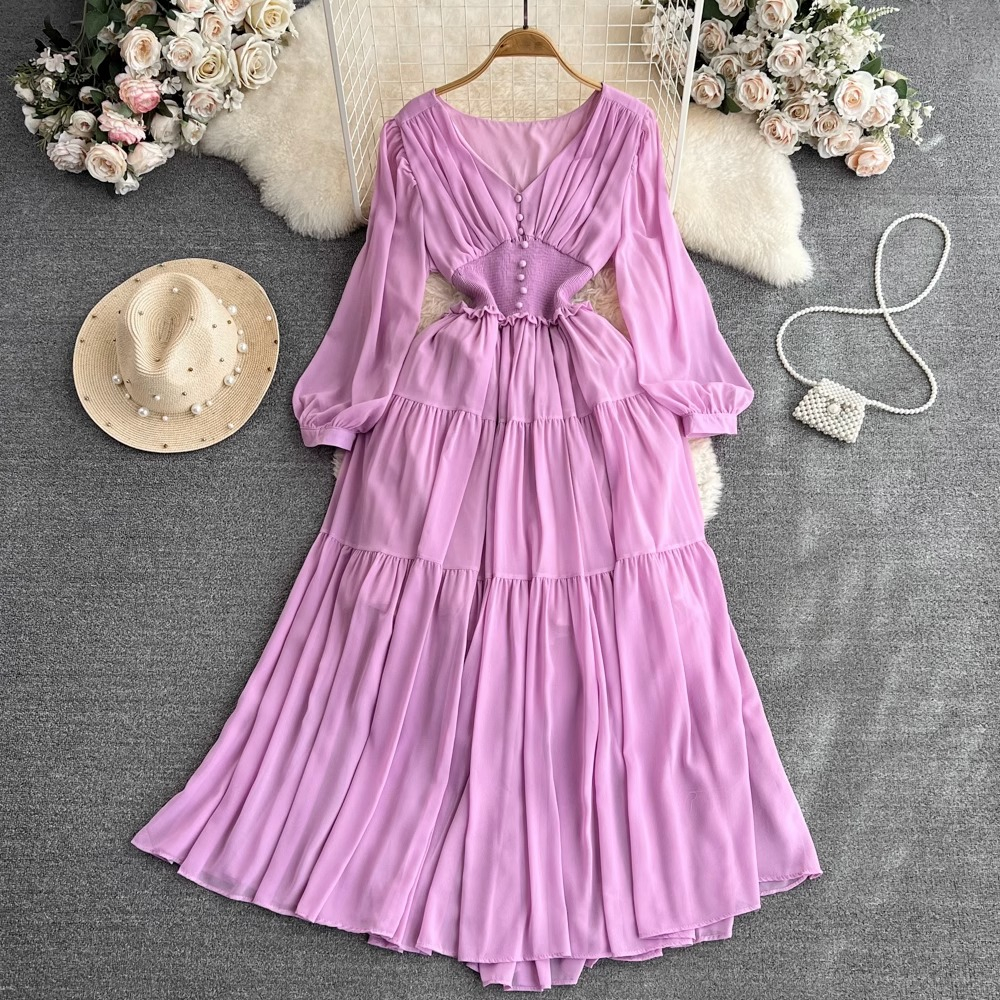#2867 [Order] Đầm voan tay dài cổ V thắt eo