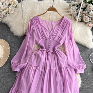#2867 [Order] Đầm voan tay dài cổ V thắt eo