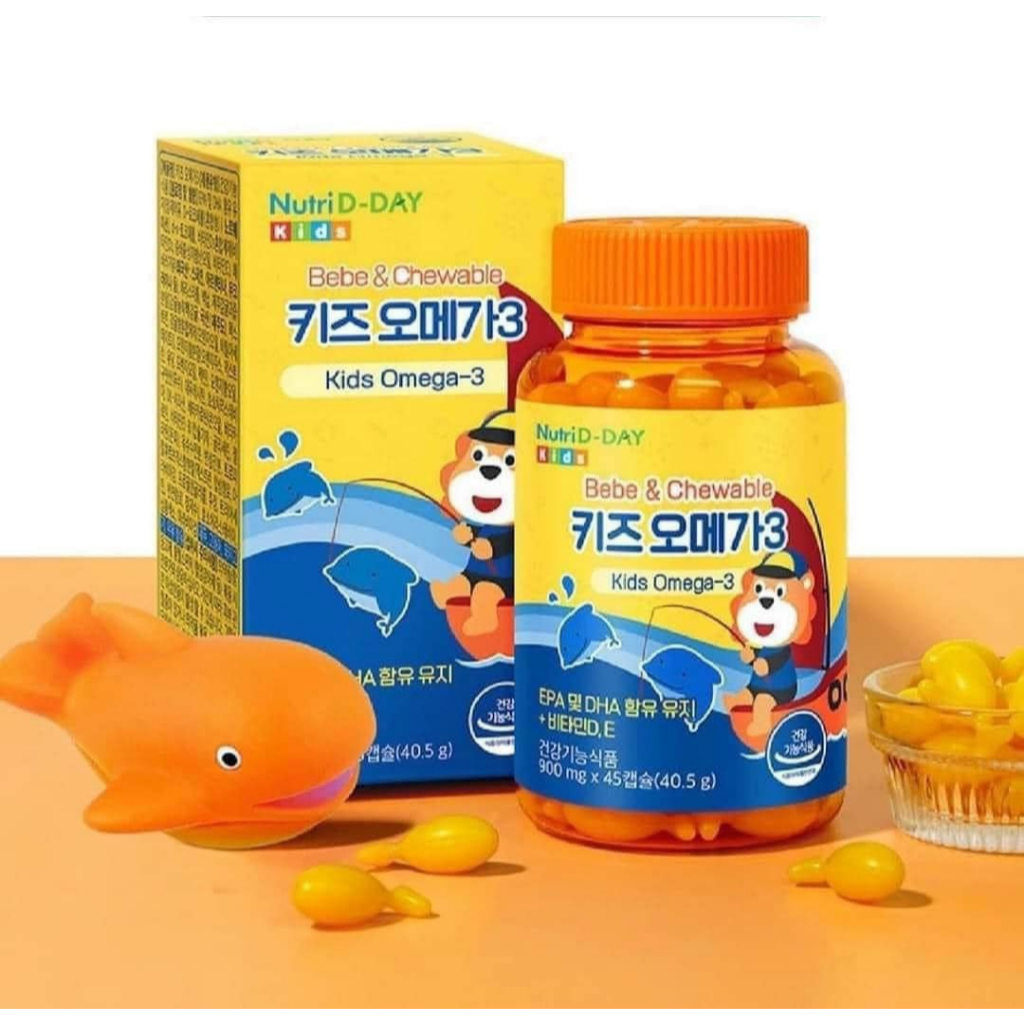 Omega 3 Nutri D-Day Baby Kids Hàn Quốc, Lọ 60 Viên, Kẹo Cá Vị Cam Dễ Ăn